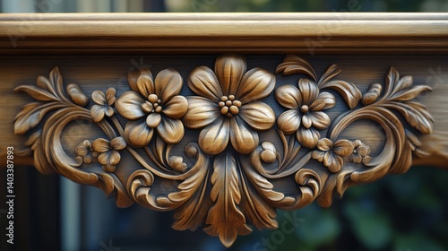 Intricate floral wood carving detail on antique furniture.