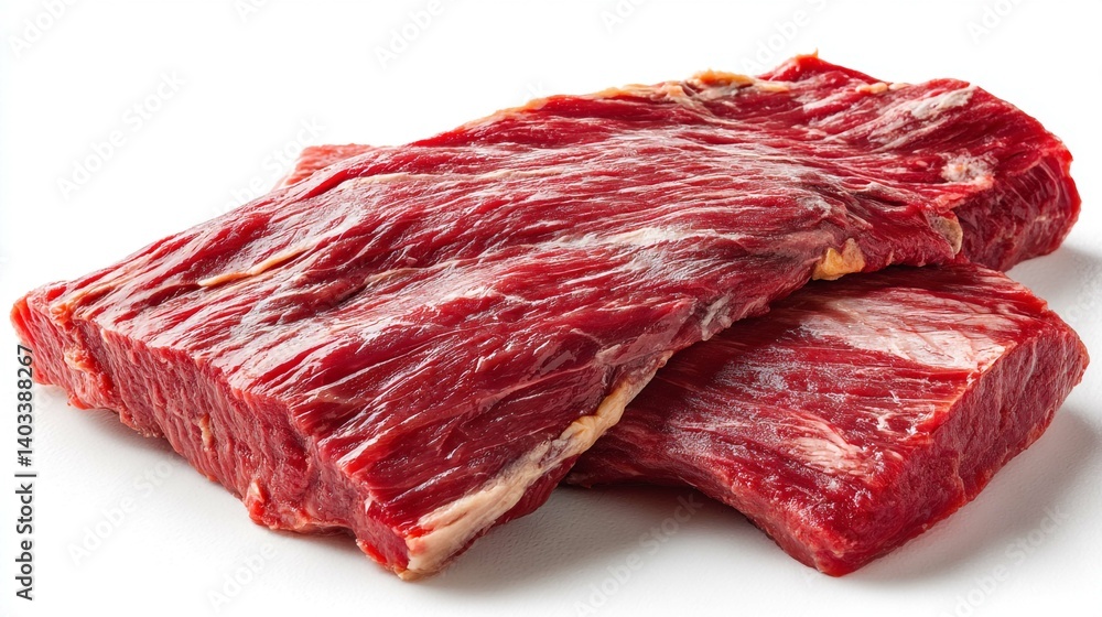 Obraz premium Two fresh cuts of raw beef flank steak sit ready for cooking, isolated on white.