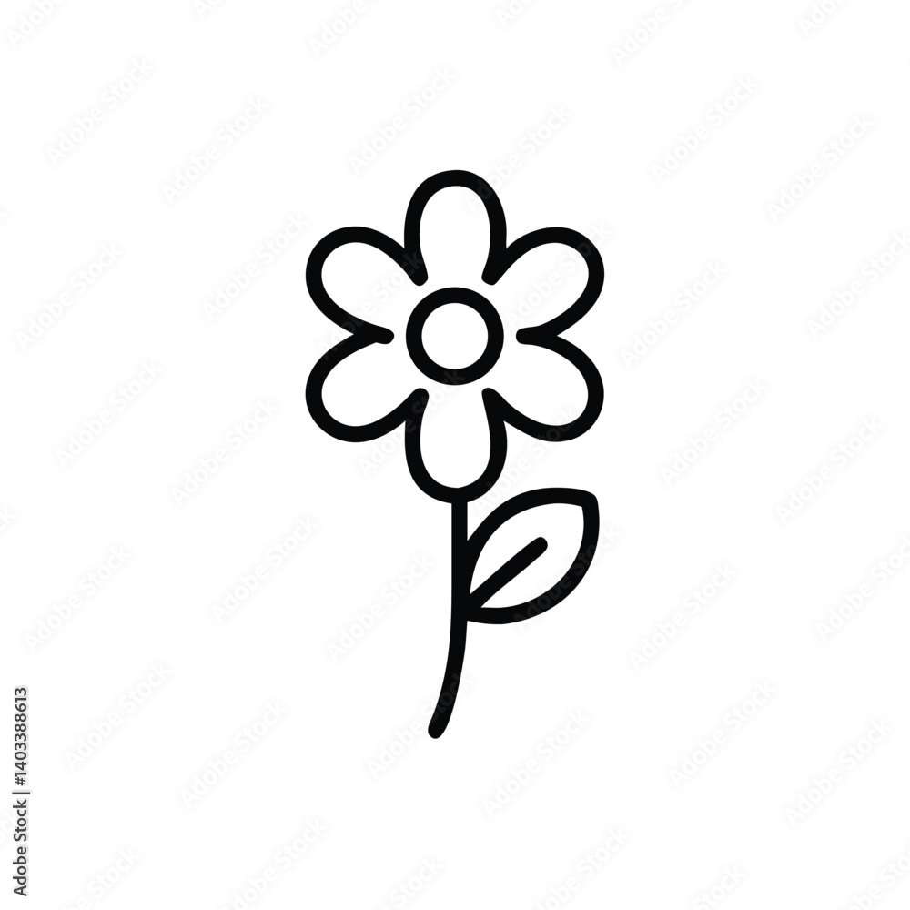 Simple Flower Illustration With Stem And Leaf In Black And White Outline Simple Flower Illustration With Stem And Leaf In Black And White Outline