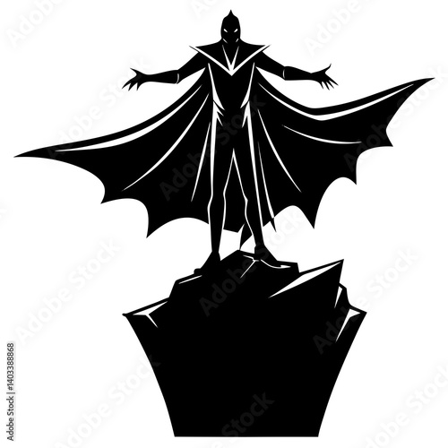 A silhouette of a vampire with a long cloak spreading his wings, standing on a clif