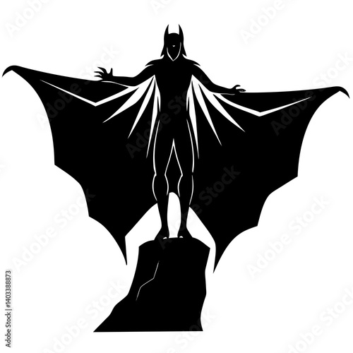 A silhouette of a vampire with a long cloak spreading his wings, standing on a clif