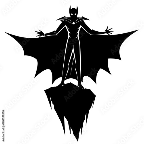 A silhouette of a vampire with a long cloak spreading his wings, standing on a clif