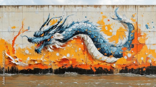 Large vibrant mural of a blue dragon painted on a concrete wall beside water.