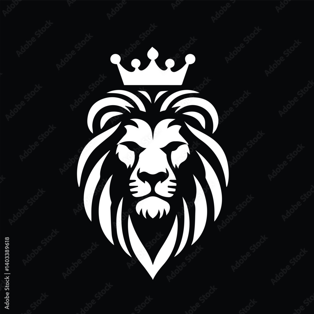 Obraz premium Create a bold, minimalist black and white vector logo of a lion's head with a majestic crown. The lion should have a symmetrical, fierce expression and a flowing, stylized mane. The design must convey