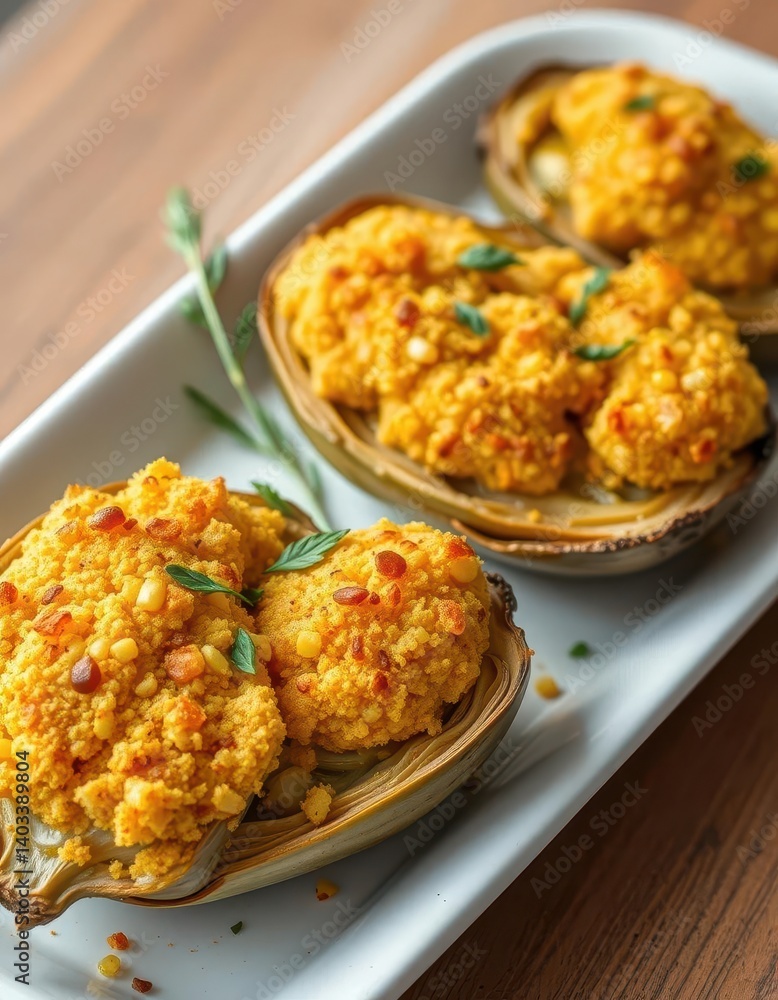 Golden-brown baked artichoke hearts, crunchy cornbread topping, crumble, artichoke Golden-brown baked artichoke hearts, crunchy cornbread topping, crumble, artichoke