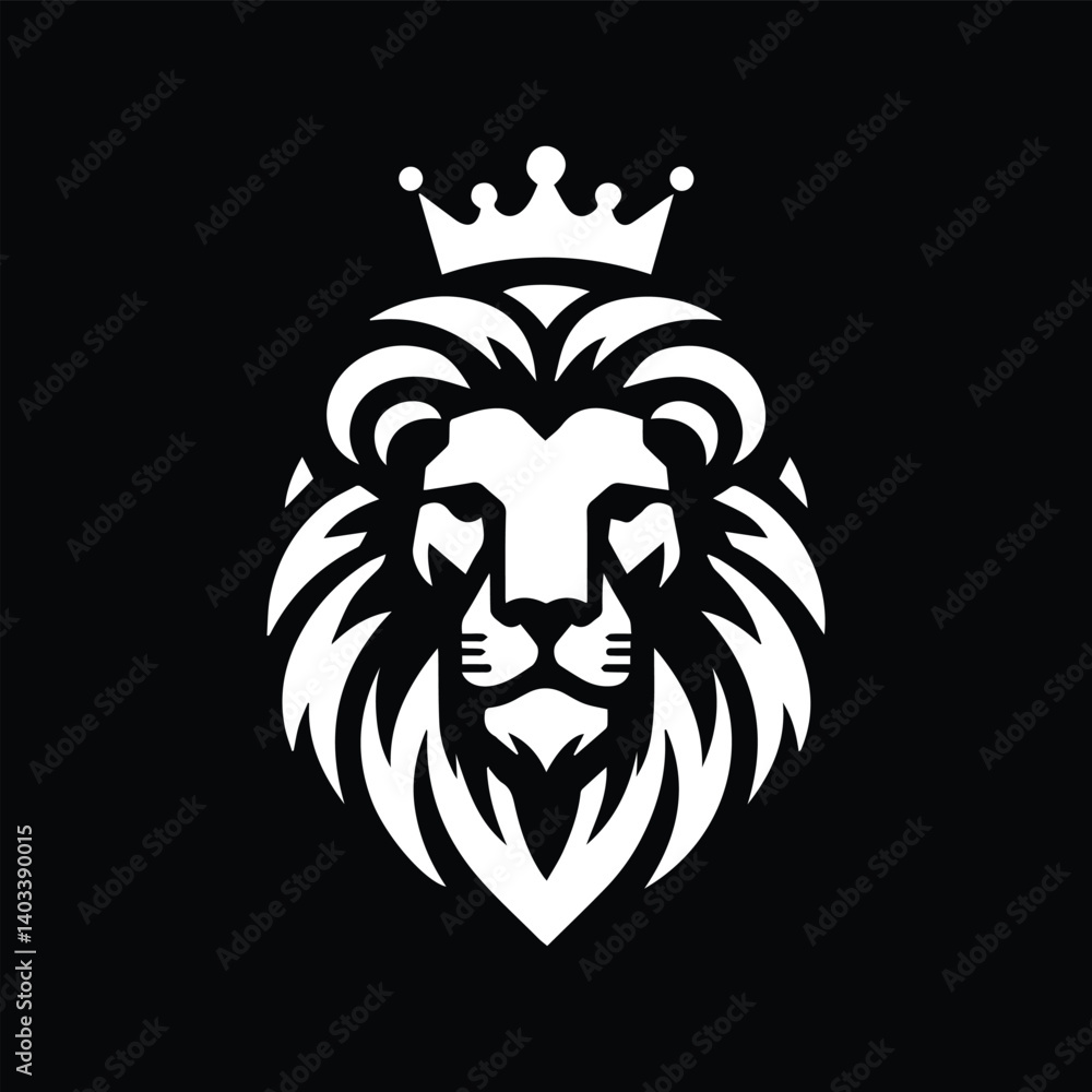 Create a bold, minimalist black and white vector logo of a lion's head with a majestic crown. The lion should have a symmetrical, fierce expression and a flowing, stylized mane. The design must convey Create a bold, minimalist black and white vector logo of a lion's head with a majestic crown. The lion should have a symmetrical, fierce expression and a flowing, stylized mane. The design must convey