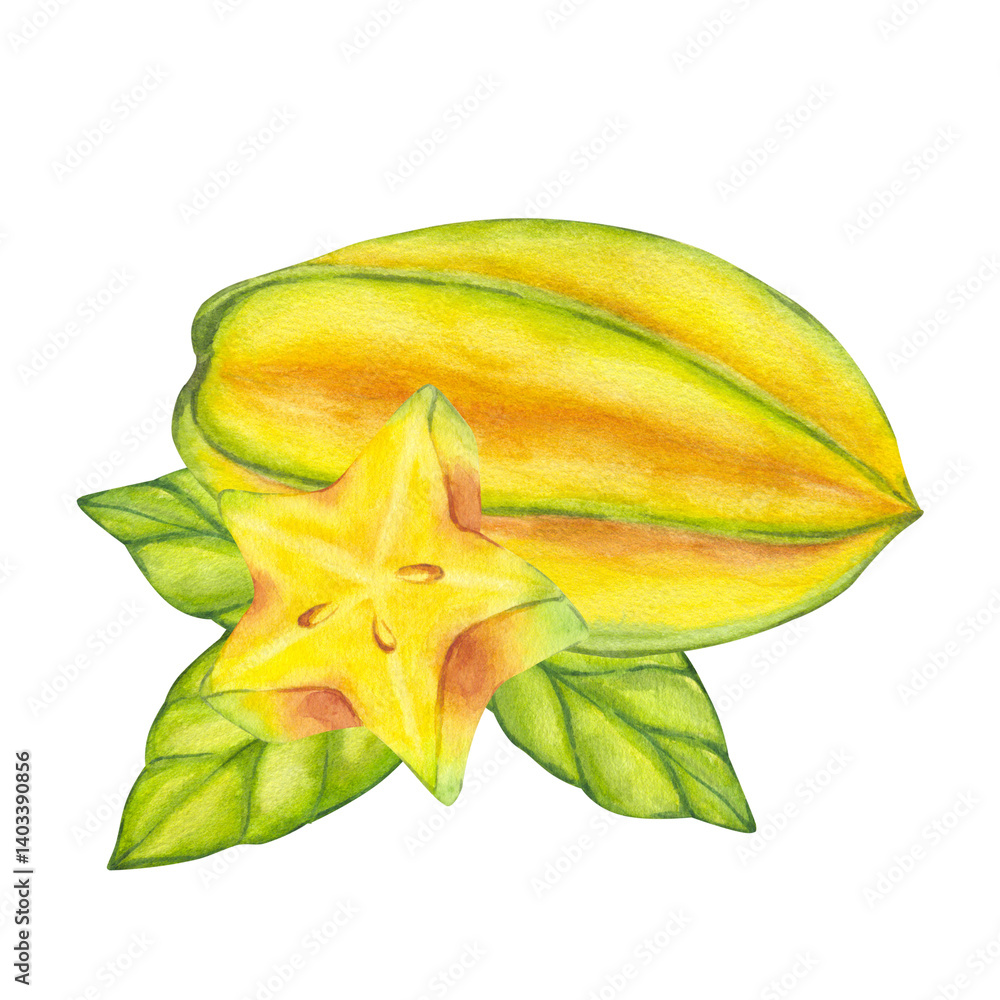 Fototapeta premium Watercolor starfruit. Averrhoa carambola or Bilimbi. Whole yellow fruit and slices with green leaf foliage. Botanical exotic star apple. Hand drawn illustration isolated on white background. For menu