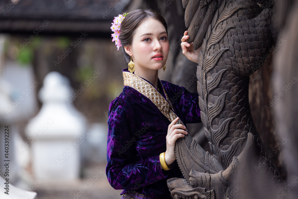 Young asian woman Thai traditional costume dress, Asian women dress identity Thai culture national costume culture dress, Thai traditional costume Thailand National, Thai woman culture costume dress.