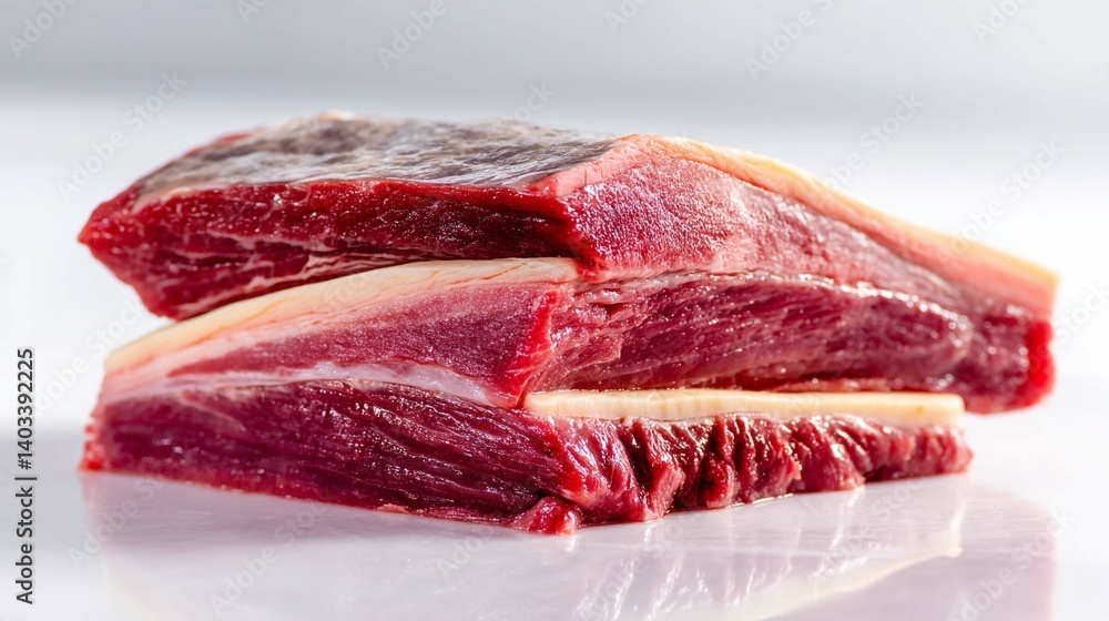 Close-up of two raw beef steaks, stacked, showing the rich red meat and fat layers. Close-up of two raw beef steaks, stacked, showing the rich red meat and fat layers.