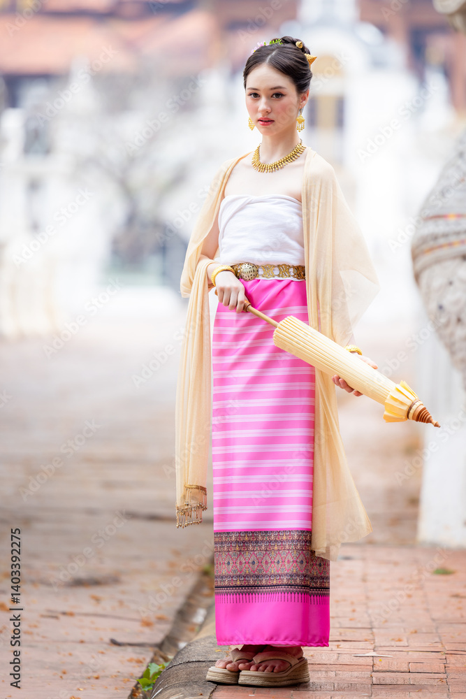 Young asian woman Thai traditional costume dress, Asian women dress identity Thai culture national costume culture dress, Thai traditional costume Thailand National, Thai woman culture costume dress.