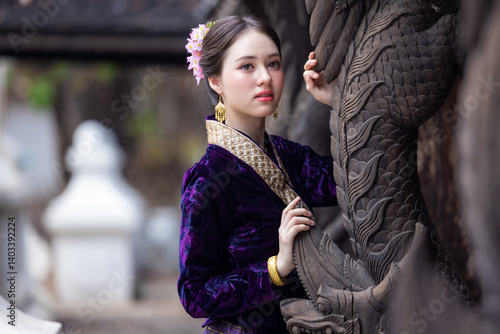 Obraz na płótnie Young asian woman Thai traditional costume dress, Asian women dress identity Thai culture national costume culture dress, Thai traditional costume Thailand National, Thai woman culture costume dress. w salonie