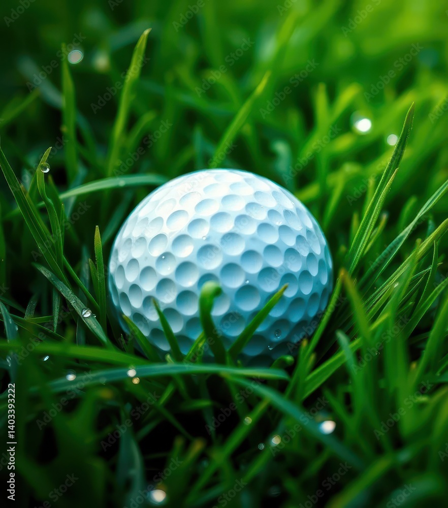 White golf ball nestled in lush green grass, dew drops visible, score, field, putting White golf ball nestled in lush green grass, dew drops visible, score, field, putting