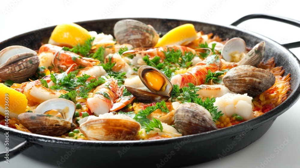 A vibrant seafood paella, brimming with fresh shrimp, clams, mussels, and vibrant flavors, close-up. A vibrant seafood paella, brimming with fresh shrimp, clams, mussels, and vibrant flavors, close-up.