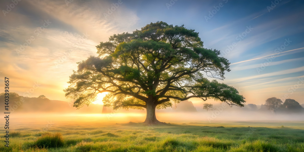 Fototapeta premium Ancient oak tree standing alone in a misty meadow
