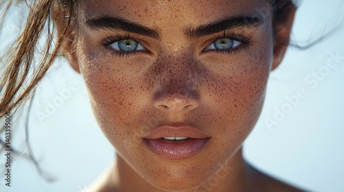 Close-up Portrait of a Freckled Woman with Striking Blue Eyes