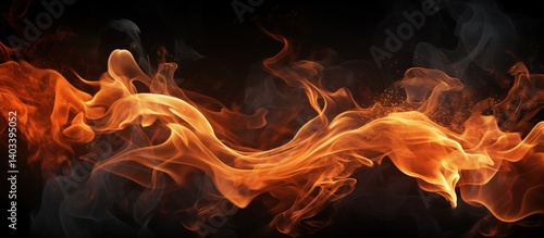 Close up of fire flames with smoke on a black background. Generate AI image