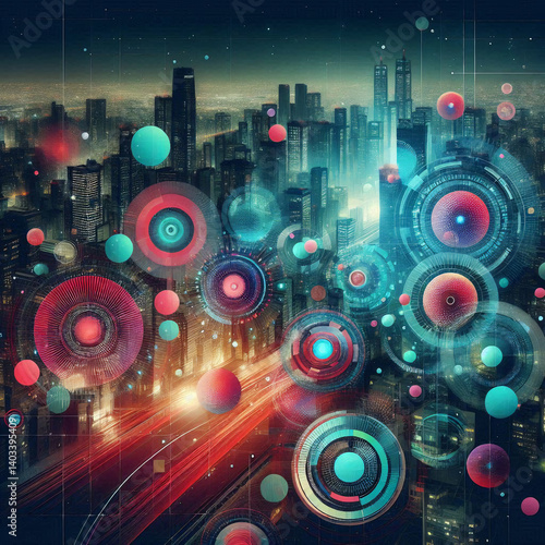Futuristic Cityscape with Abstract Digital Interface Overlay – Sci-Fi Urban Technology Art