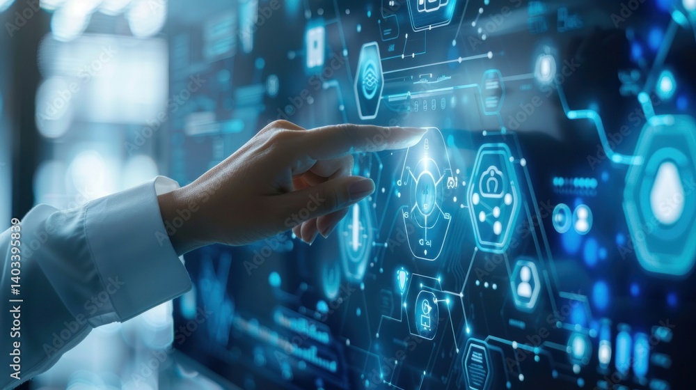 A hand is pointing at a computer screen with a blue background A hand is pointing at a computer screen with a blue background