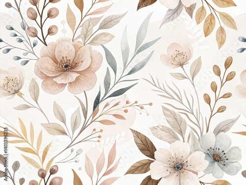 Soft light pastel floral design featuring delicate blooms and muted greenery elements