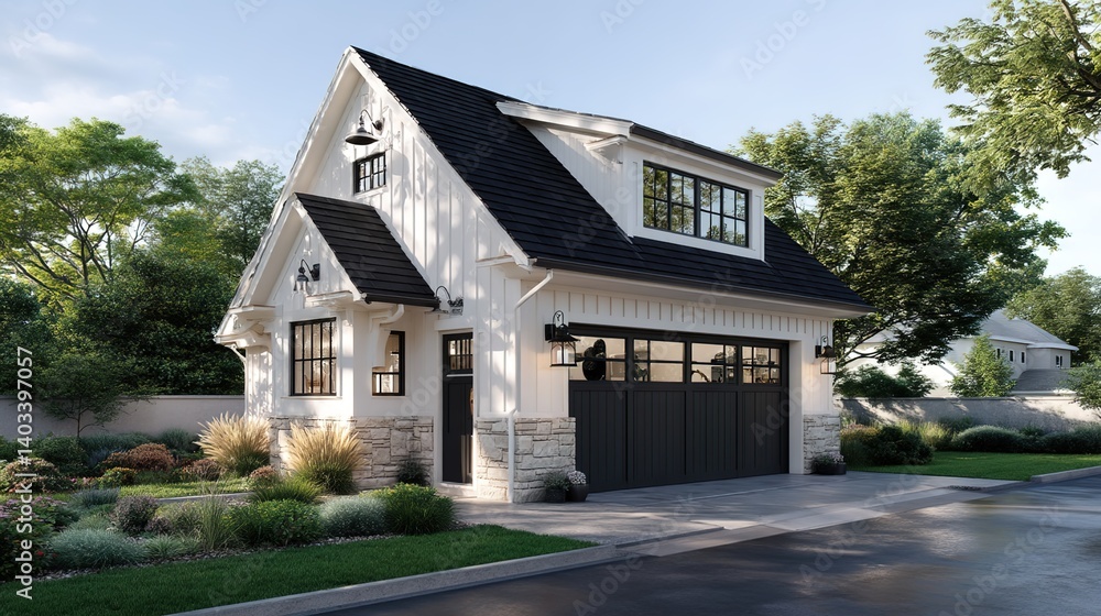 A rural-style house with white exterior walls, black roof, and garage doors, surrounded by green plants and a black car under a blue sky with white clouds and trees A rural-style house with white exterior walls, black roof, and garage doors, surrounded by green plants and a black car under a blue sky with white clouds and trees
