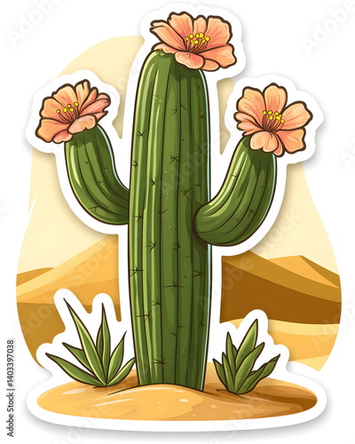 Playful sticker of a tall desert cactus with blooming flowers in golden dunes, drawn in a simplified soft pastel style with flat colors, bold lines, and a clean white outline around the shape.