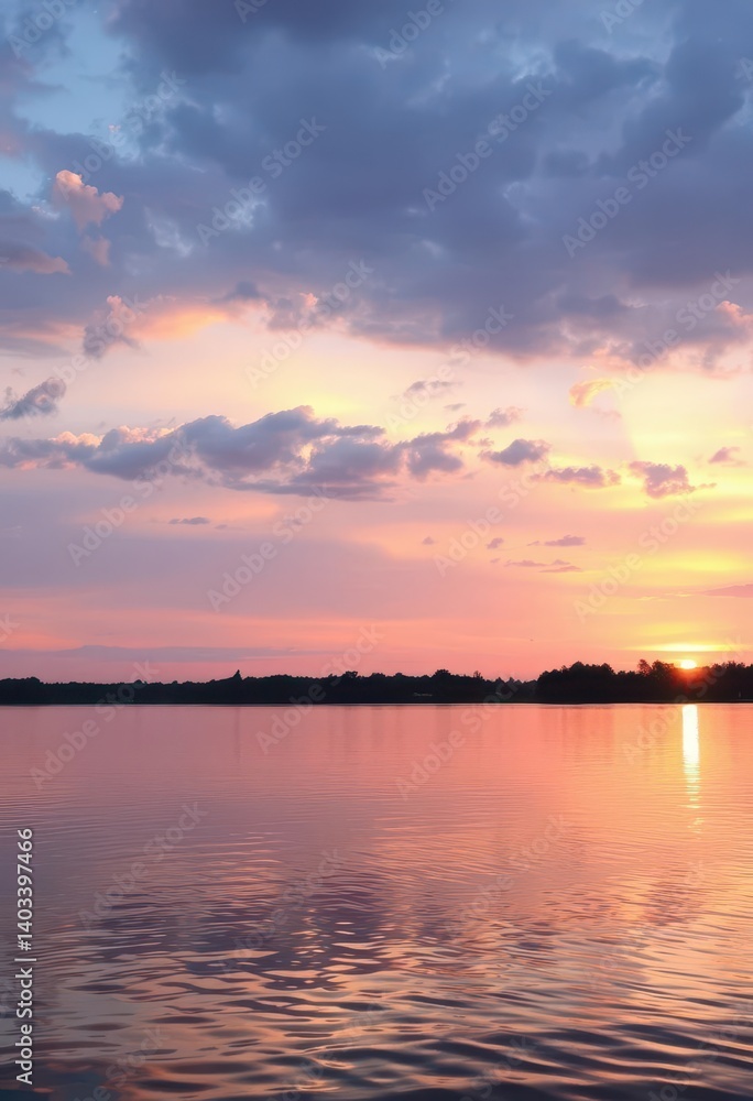 Serene Michigan sunset mirroring in tranquil lake waters, stillness, scenery, sunset colors Serene Michigan sunset mirroring in tranquil lake waters, stillness, scenery, sunset colors