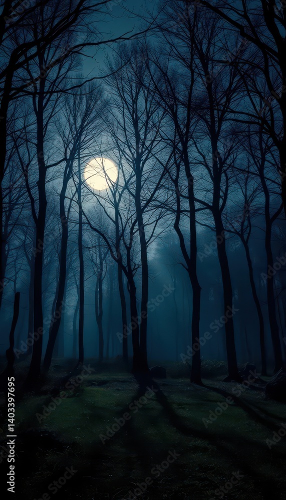 Fototapeta premium Silver moonlight bathes a tranquil forest, shadows long and still, night photography, silver