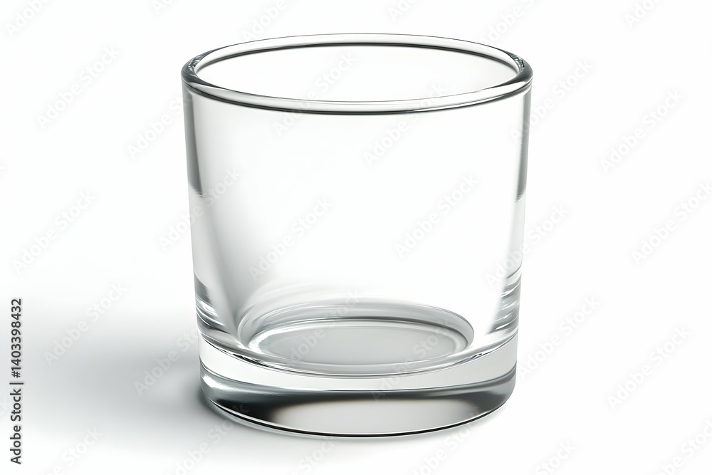 Clear glass tumbler on a white background, showcasing its design for beverage presentation Clear glass tumbler on a white background, showcasing its design for beverage presentation
