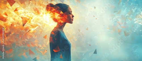 change transformation identity digital metamorphosis blending past and future selves into a unified figure surrounded by floating fragments and shifting geometric patterns in a luminous environment