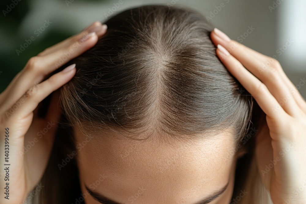 Fototapeta premium Close up of a woman's scalp with hands touching her hair showing possible hair thinning or hair loss