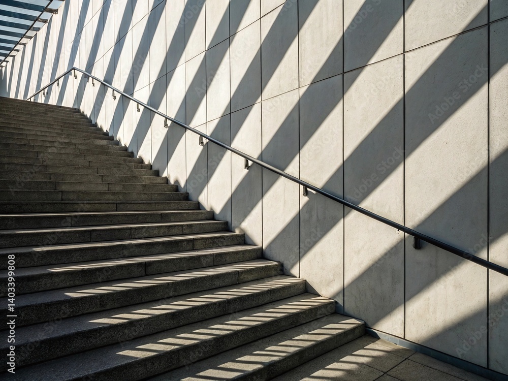 Sharp angled shadows dance across a smooth wall beside an architectural staircase Sharp angled shadows dance across a smooth wall beside an architectural staircase