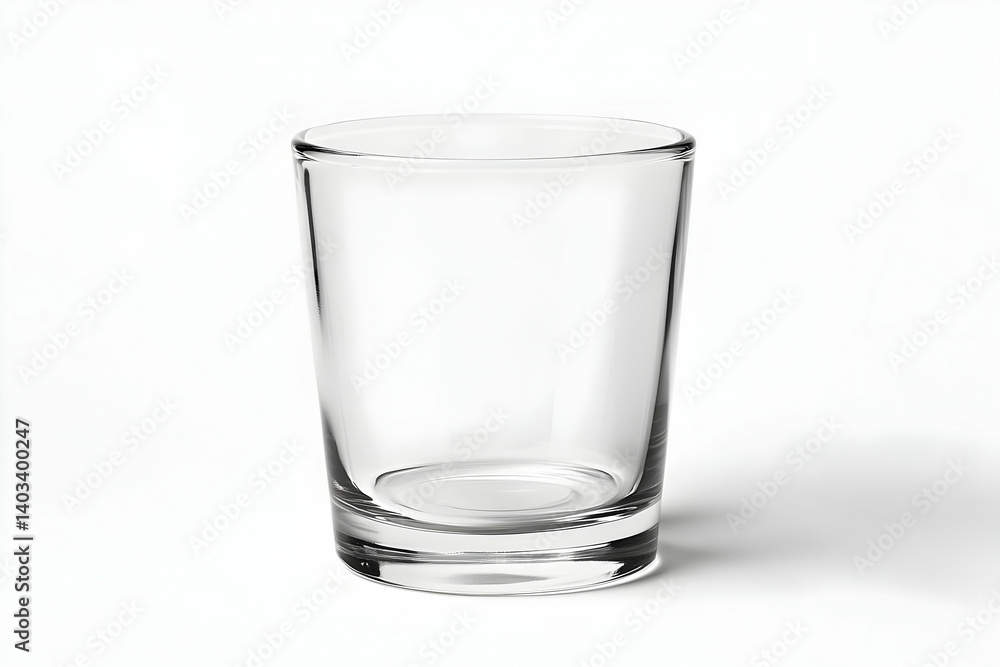 Clear glass tumbler on a white background, showcasing simplicity and elegance for product display Clear glass tumbler on a white background, showcasing simplicity and elegance for product display