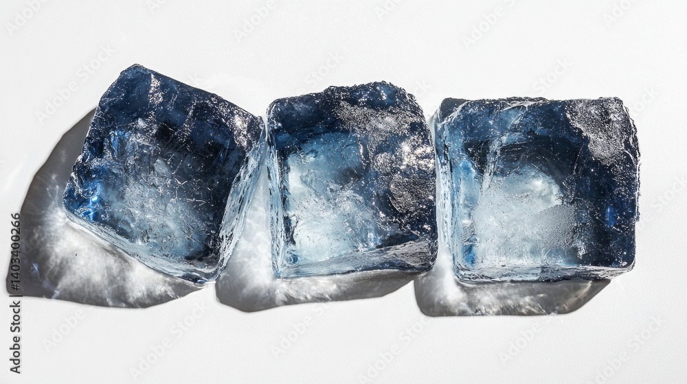 Obraz premium Three blue ice cubes on a white background
