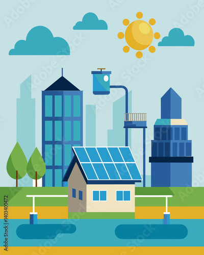 Solar panels powering a stateoftheart water treatment facility ensuring safe drinking water for a citys residents.. Vector illustration