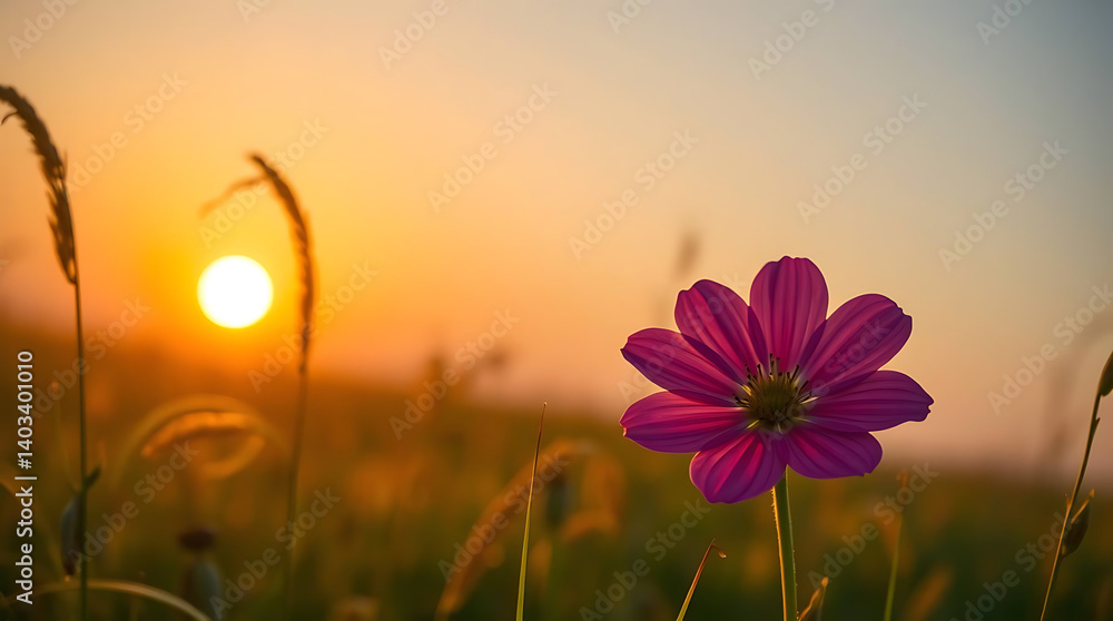 Fototapeta premium Close up grass field flower in beautiful golden sunset background, created by generative ai