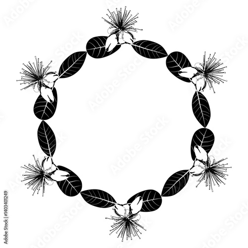 Round floral frame or border with feijoa flowers and leaves. Acca sellowiana. Black and white silhouette.