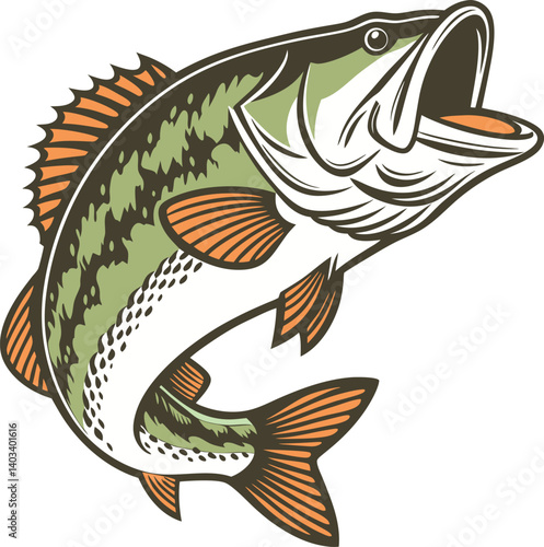An illustrated, leaping bass fish with vibrant green and white scales