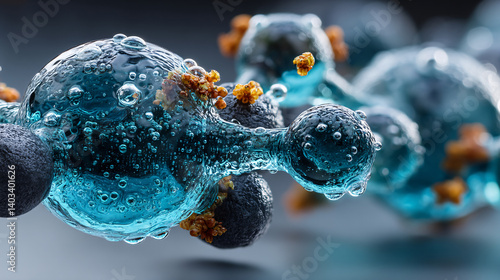 A close-up view of bubbles and molecular structures in a vibrant blue liquid, showcasing intricate details and textures.