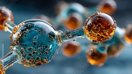 A close-up view of colorful molecular structures with bubbles, showcasing the intricate design of atoms and their connections in a dynamic, liquid-like environment.