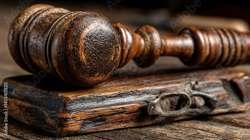 A close-up of a wooden gavel resting on a textured surface, symbolizing justice and legal authority.