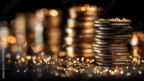 A close-up image of stacked coins with a blurred background, creating a bokeh effect that highlights the shiny surfaces and intricate details of the coins.