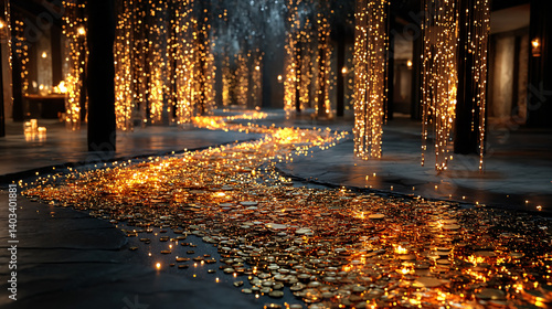 A magical scene featuring a shimmering pathway of gold coins illuminated by hanging lights, creating an enchanting atmosphere.