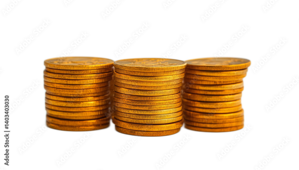 Golden Coins Stacked in Three Piles on white Background Wealth and Savings Concept Golden Coins Stacked in Three Piles on white Background Wealth and Savings Concept
