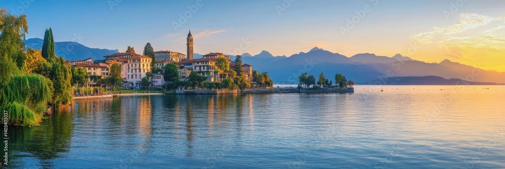 Naklejka premium Majestic Stresa: Summer Sunset over Lake Maggiore with Bella Island and Alpine Backdrop