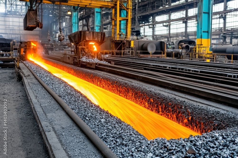 Obraz premium Steel factory using scrap metal for production, with molten recycled steel being poured into electric arc furnace, monitored by digital control systems - casting industrial plant