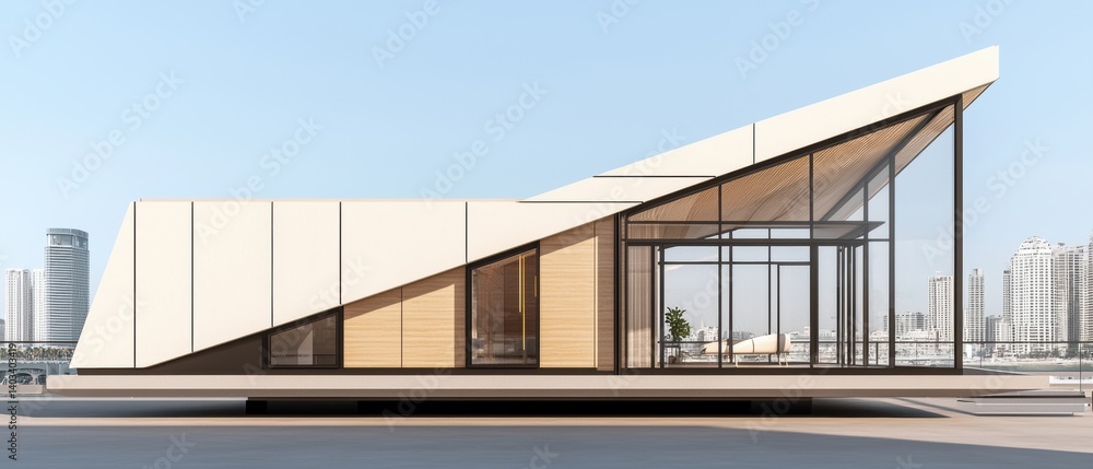 Fototapeta premium Wind-resistant smart home prototype with climate-adaptive facade, backup battery systems, and smart insulation for extreme conditions., copy space for text - conditions protection
