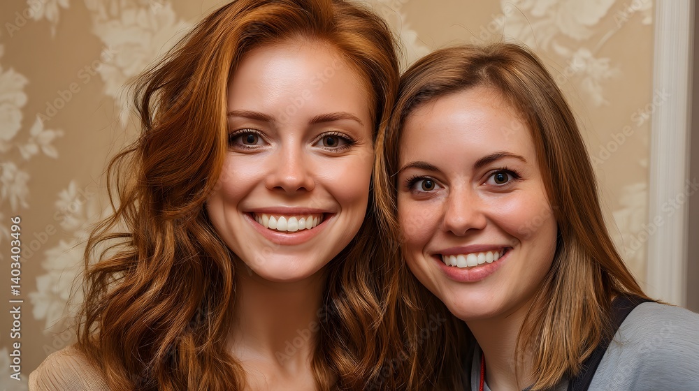 Two joyful women posing together with big smiles for the camera in a bright and cheerful environment Two joyful women posing together with big smiles for the camera in a bright and cheerful environment