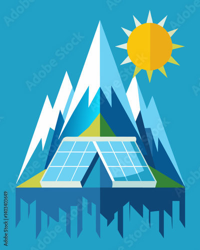 Icy peaks and valleys form on the solar panels but they continue to absorb the suns rays powering up nearby homes and businesses.. Vector illustration