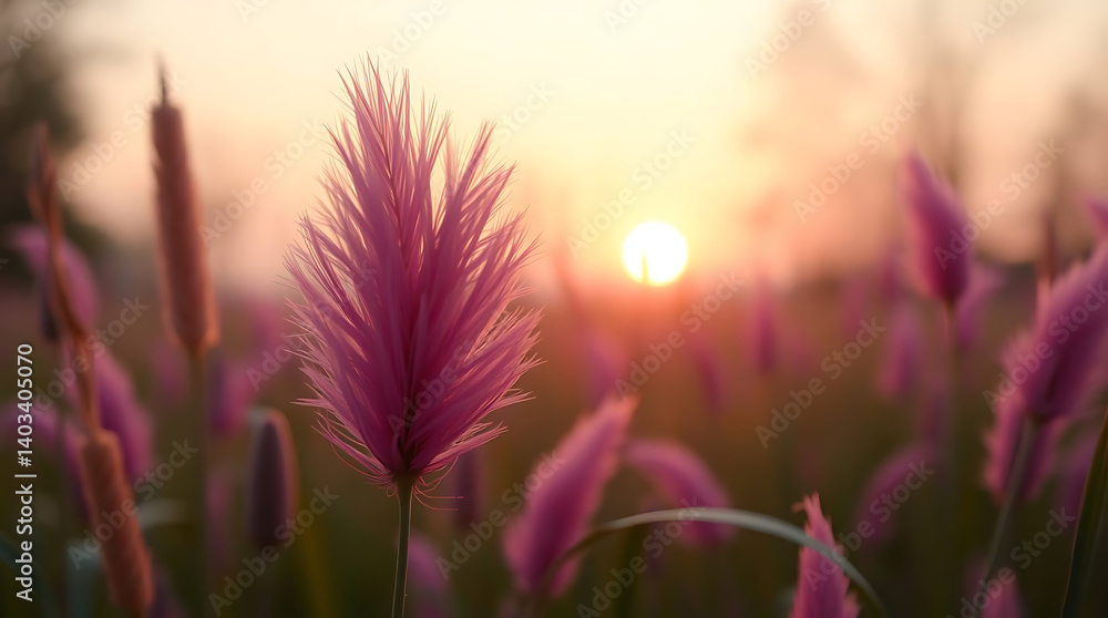 Obraz premium Close up grass field flower in beautiful golden sunset background, created by generative ai