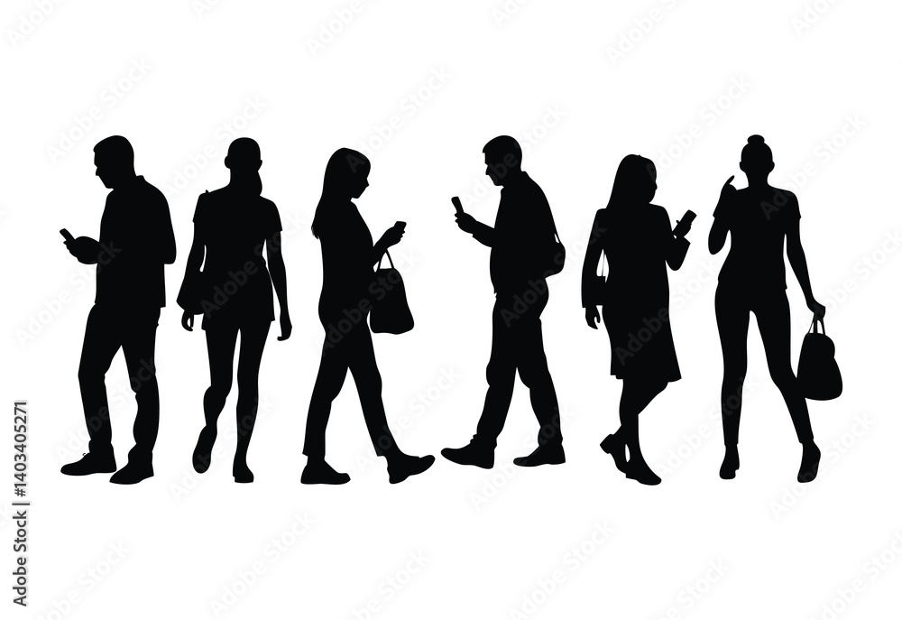 Fototapeta premium group of business people, Premium Urban Smartphone Silhouettes – Dynamic Figures in the Digital Age